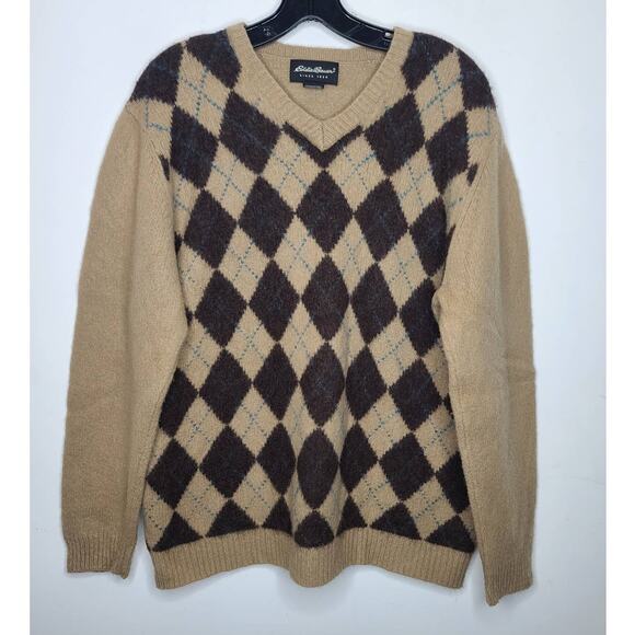 Eddie Bauer lambswool brown argyle long sleeve v-neck sweater - large - Picture 1 of 3